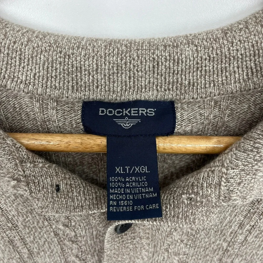 Dockers Mens XLT Tall Heathered Tan Cable Knit Polo Sweater Long Sleeve Vtg 90s